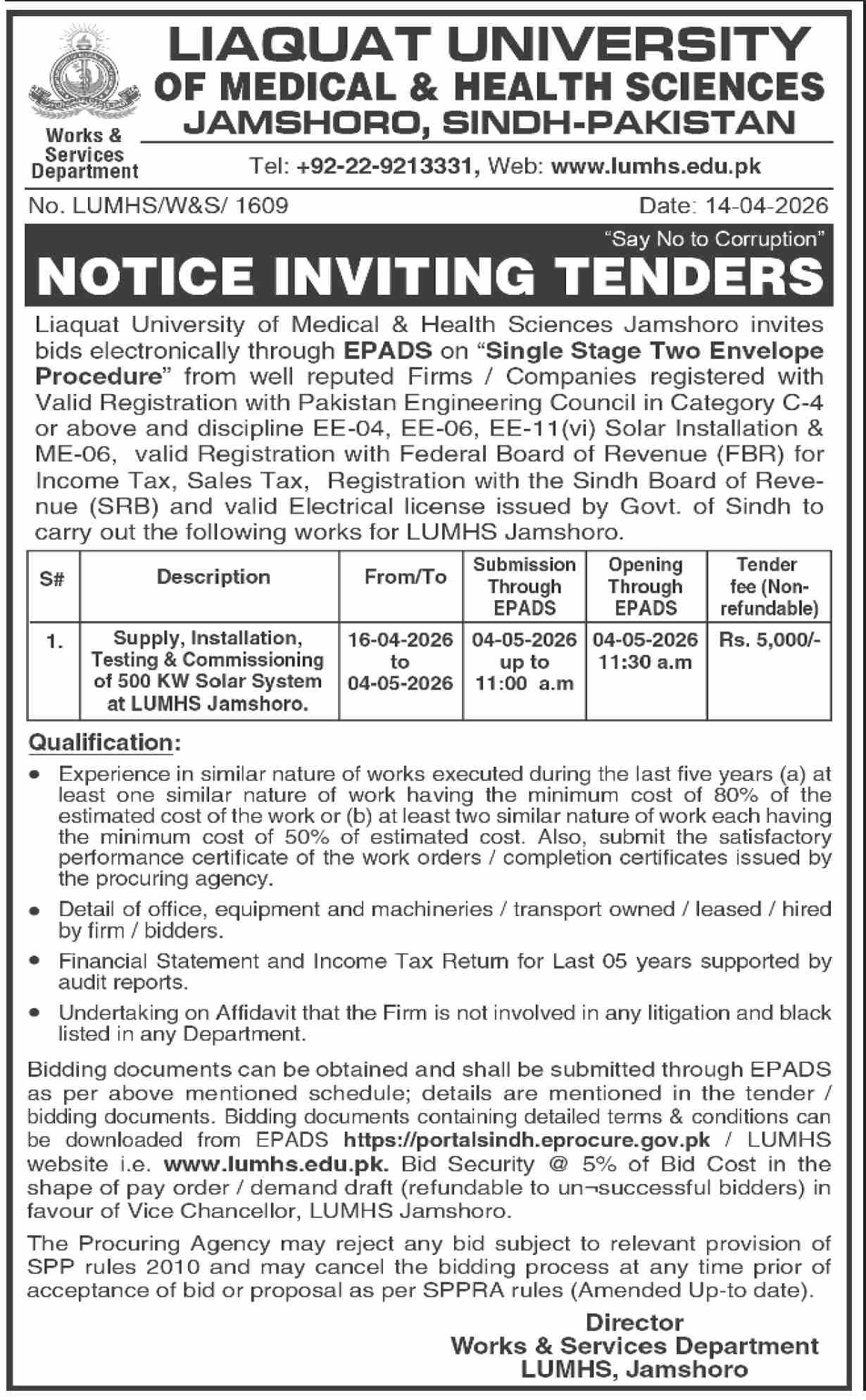 NOTICE INVITING TENDERS - Supply, Installation, Testing & Commissioning of 500 KW Solar System at LUMHS Jamshoro